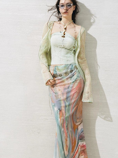 OfAkiva Lace Trimmed Metallic Knit Two Piece Tie Front Set