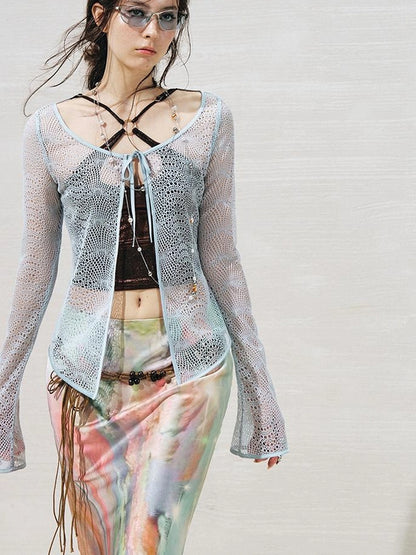 OfAkiva Lace Trimmed Metallic Knit Two Piece Tie Front Set