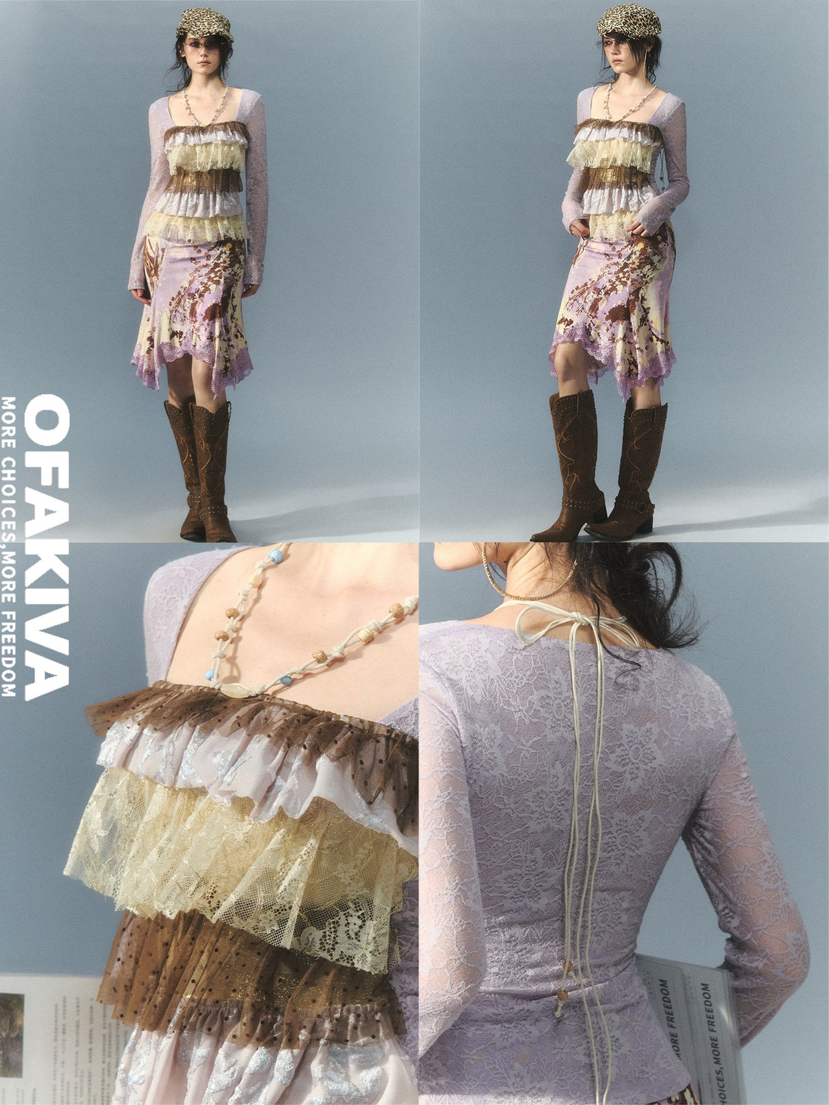OfAkiva Lace Velvet Beaded Halter Neck Color Block Women&