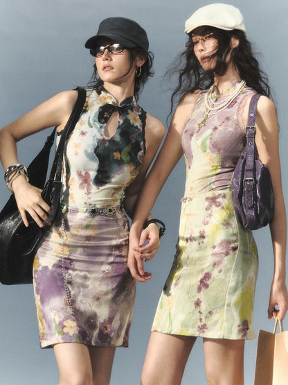 OfAkiva Leaf Print Reversible Halter Stand Collar Women&