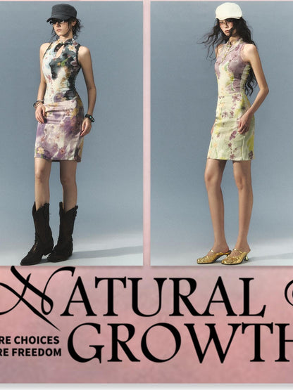 OfAkiva Leaf Print Reversible Halter Stand Collar Women&