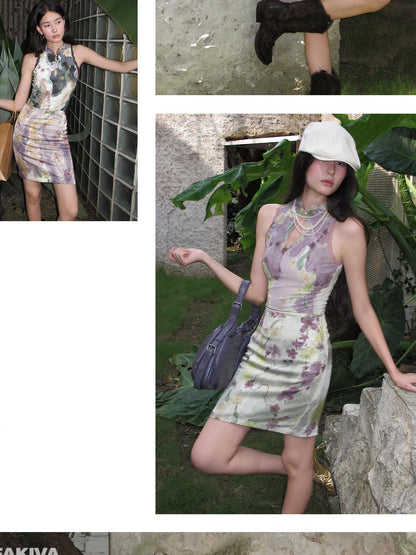 OfAkiva Leaf Print Reversible Halter Stand Collar Women&