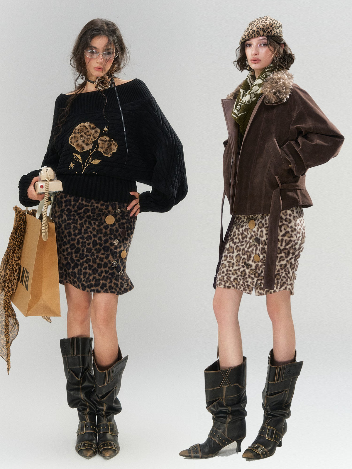 OfAkiva Leopard Print Button Detail High Waist Women&