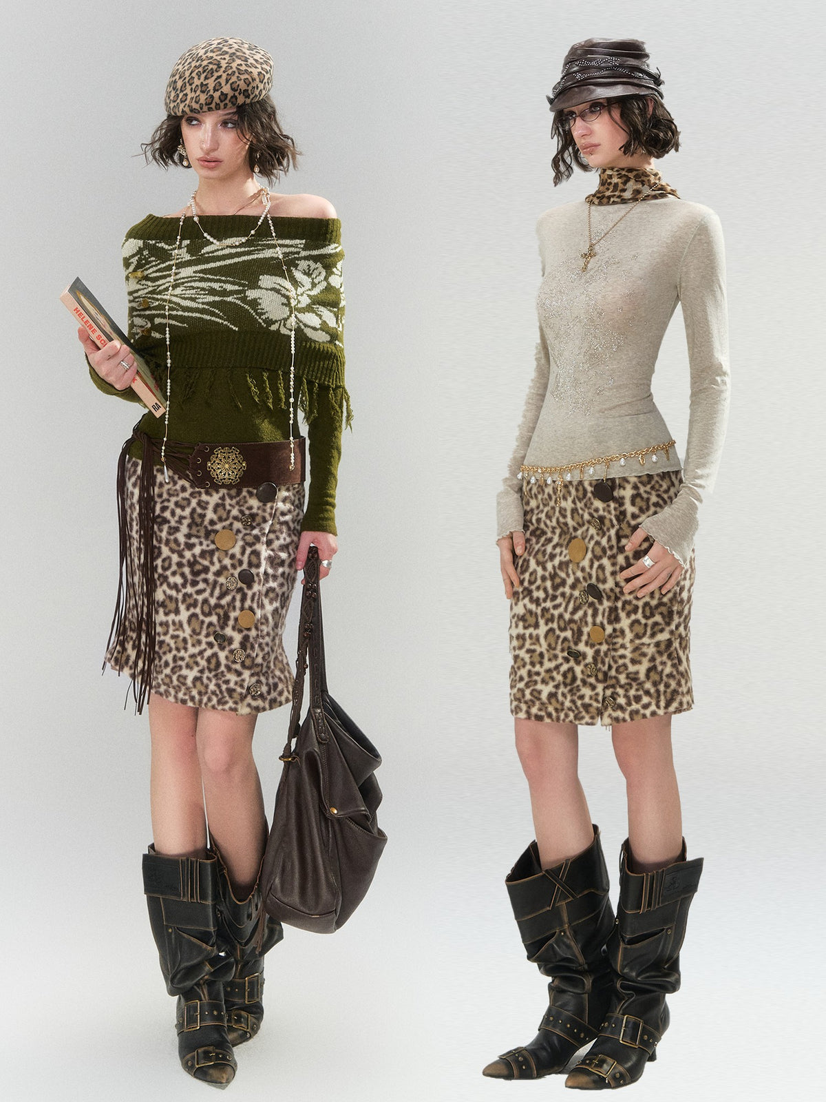 OfAkiva Leopard Print Button Detail High Waist Women&