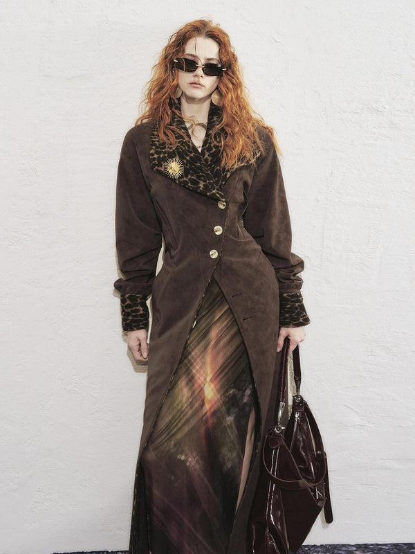 Leopard Print Faux Suede Mid Length Windproof Padded Women's Trench Coats
