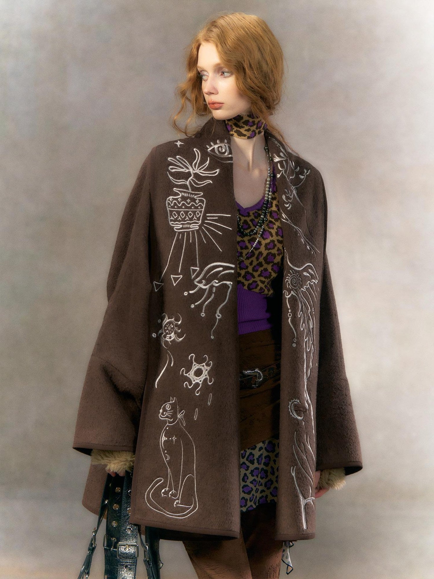 OfAkiva Luxurious Embroidered Double Face Wool Elegant Loose Short Women Brown Coat