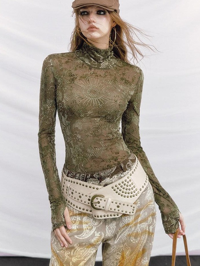 OfAkiva Mandala Rhinestone Jacquard High Neck Slim Women&