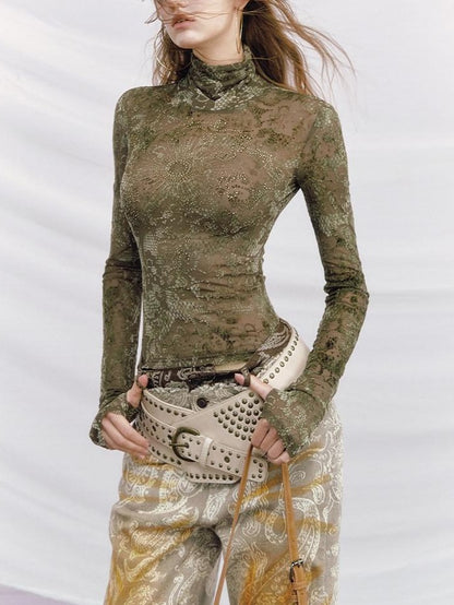 OfAkiva Mandala Rhinestone Jacquard High Neck Slim Women&