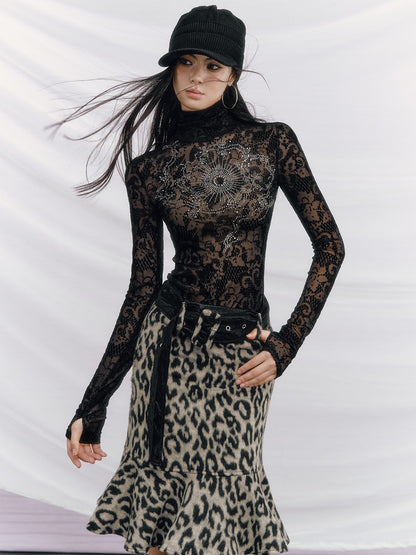 OfAkiva Mandala Rhinestone Jacquard High Neck Slim Women&