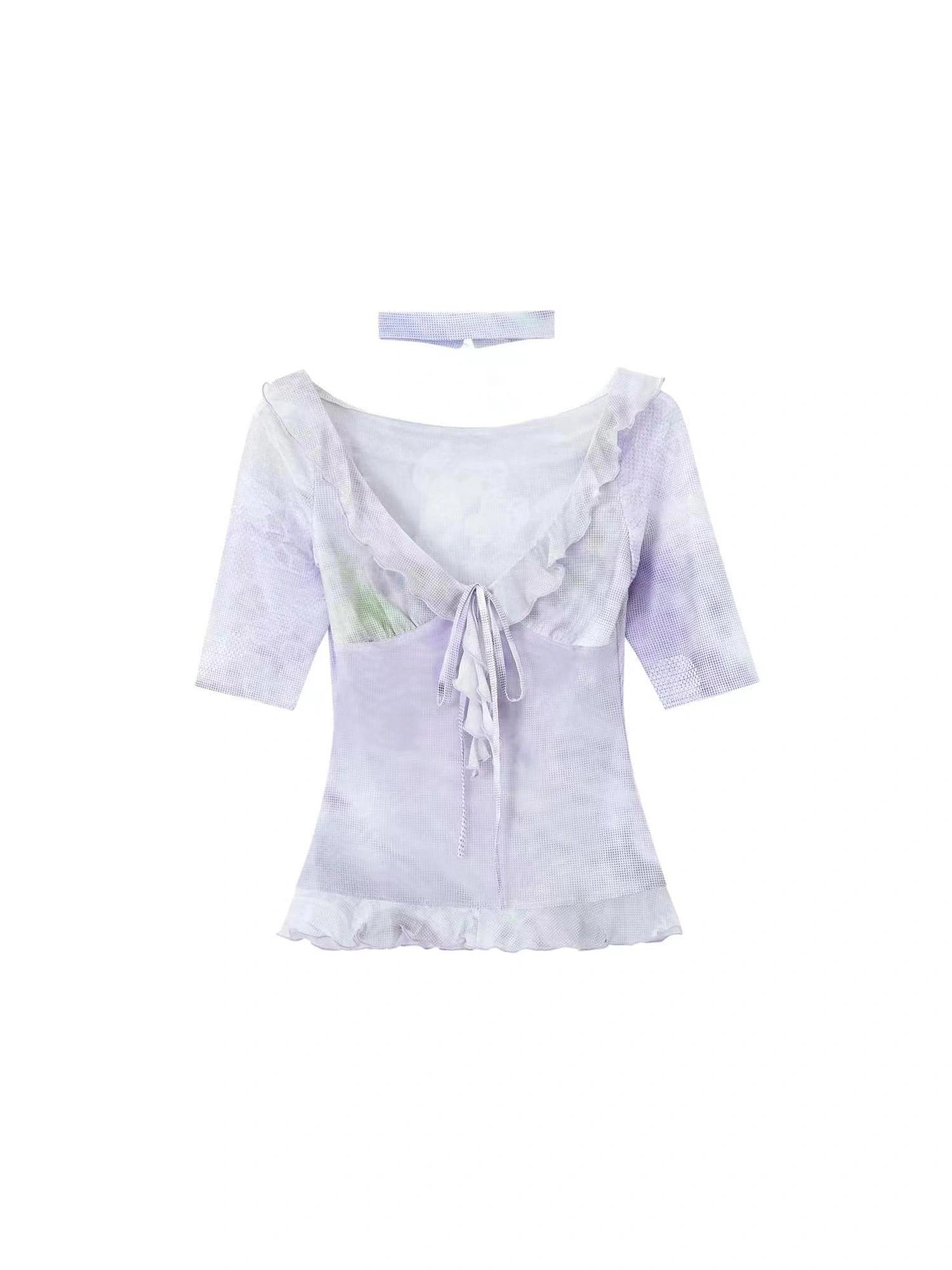 OfAkiva Medici Lavender V-Neck Chiffon Blouse With Flounce