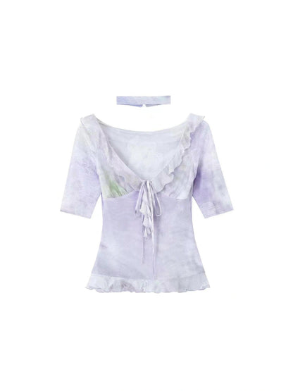 OfAkiva Medici Lavender V-Neck Chiffon Blouse With Flounce
