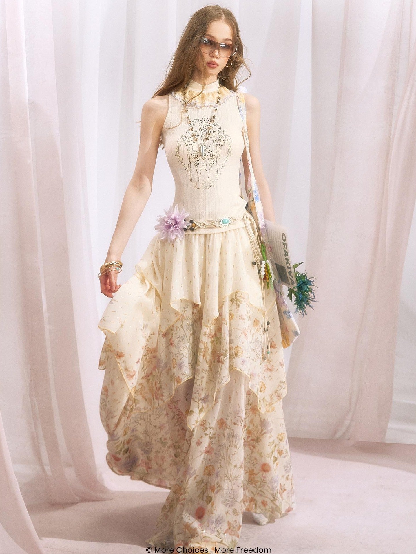 OfAkiva Metallic Thread Asymmetrical Spliced Floral Women&