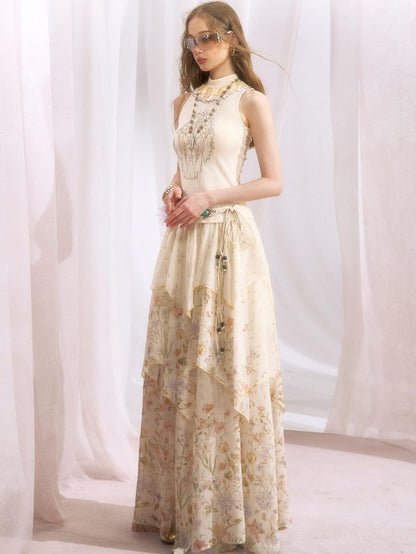 OfAkiva Metallic Thread Asymmetrical Spliced Floral Women&