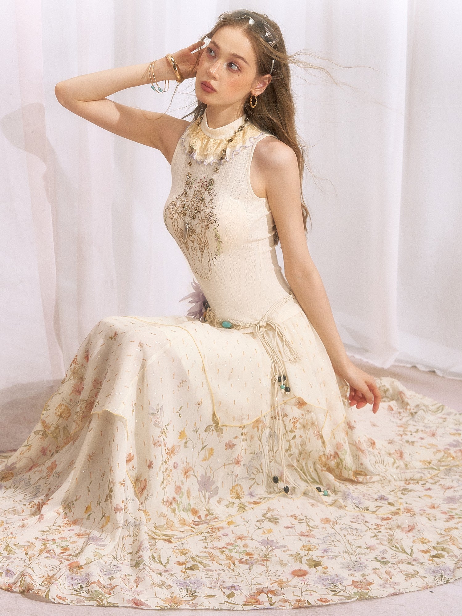 OfAkiva Metallic Thread Asymmetrical Spliced Floral Women&