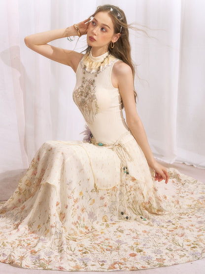 OfAkiva Metallic Thread Asymmetrical Spliced Floral Women&