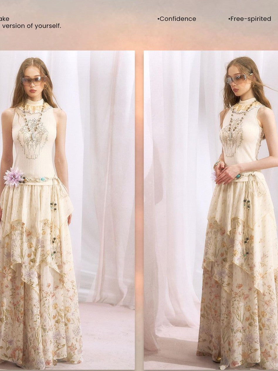 OfAkiva Metallic Thread Asymmetrical Spliced Floral Women&