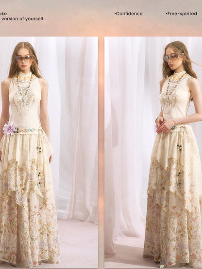OfAkiva Metallic Thread Asymmetrical Spliced Floral Women&