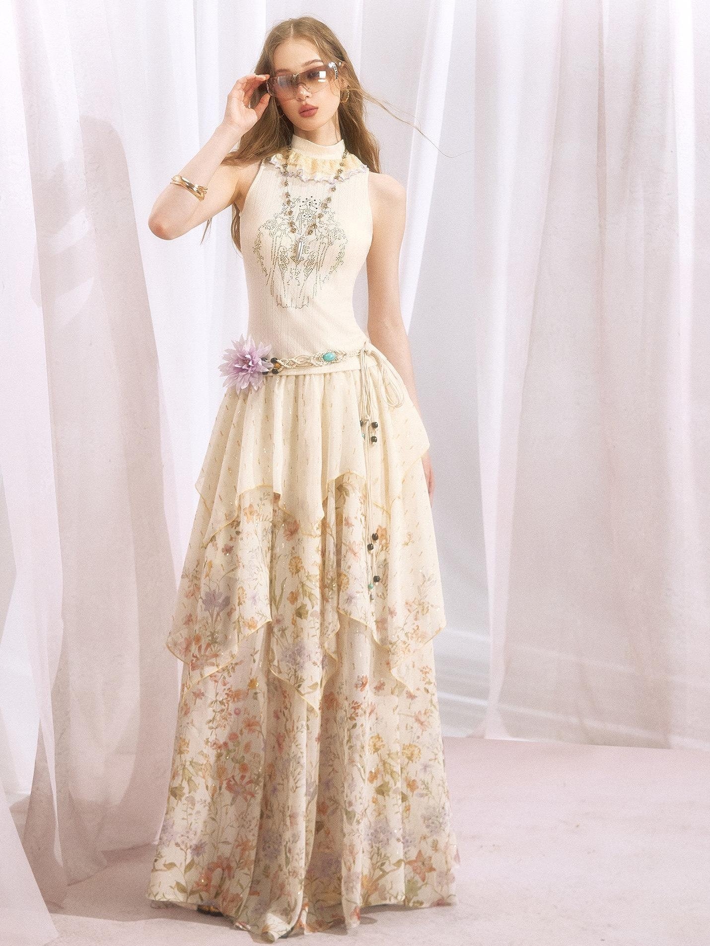 OfAkiva Metallic Thread Asymmetrical Spliced Floral Women&