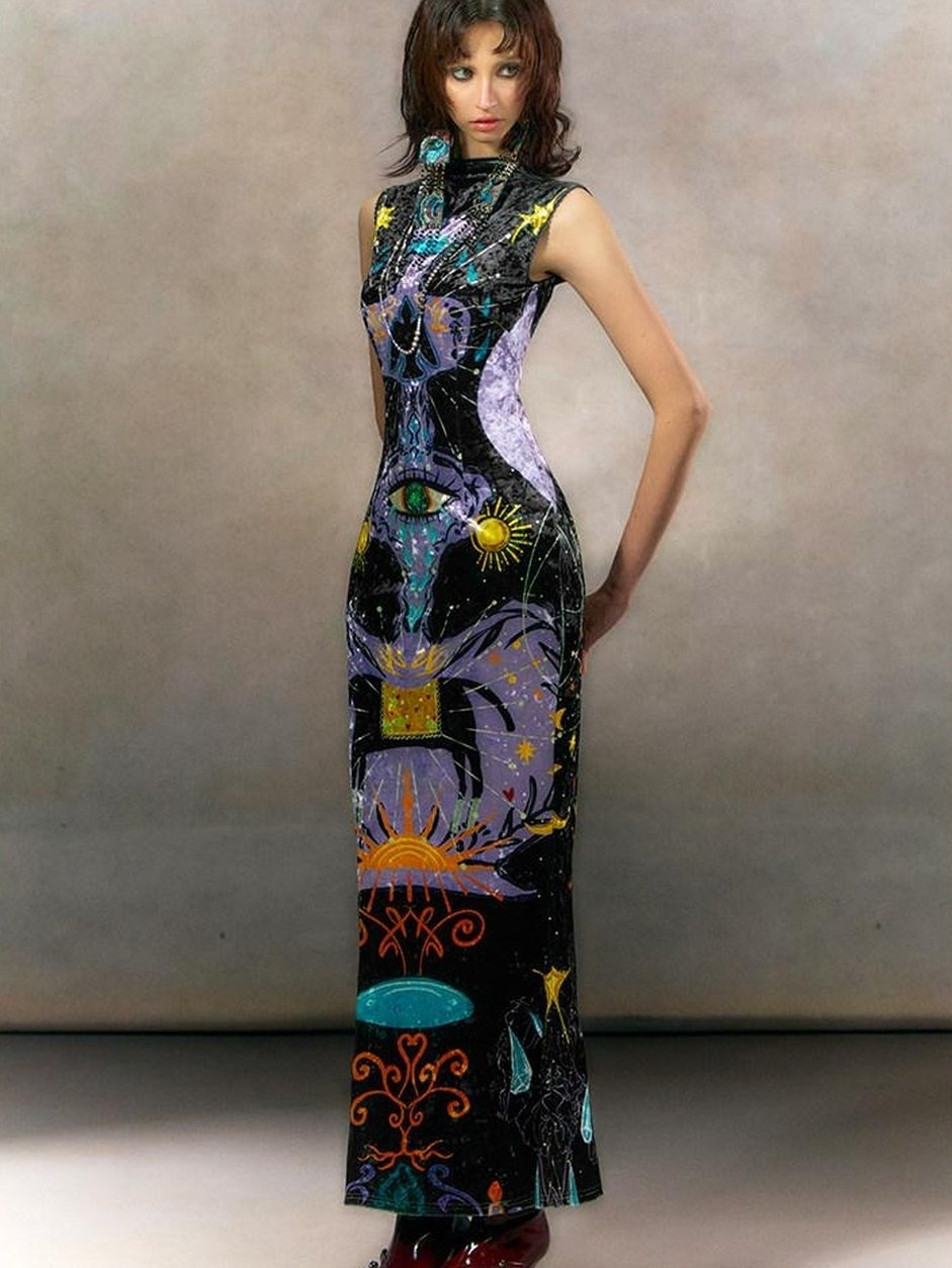 OfAkiva Minimalist Mystic Tarot Print High Waist A Line Sleeveless Women Maxi Dresses