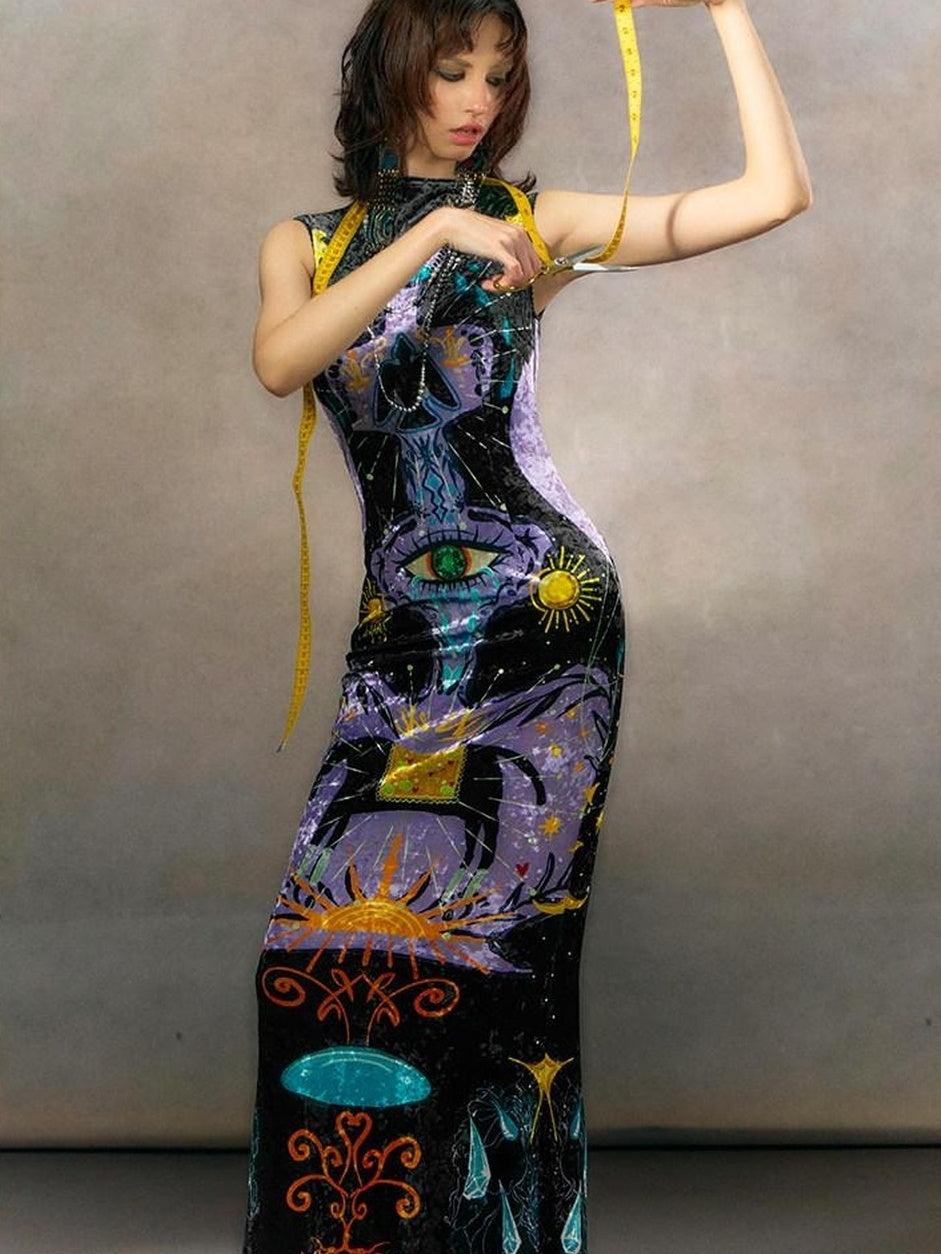 OfAkiva Minimalist Mystic Tarot Print High Waist A Line Sleeveless Women Maxi Dresses