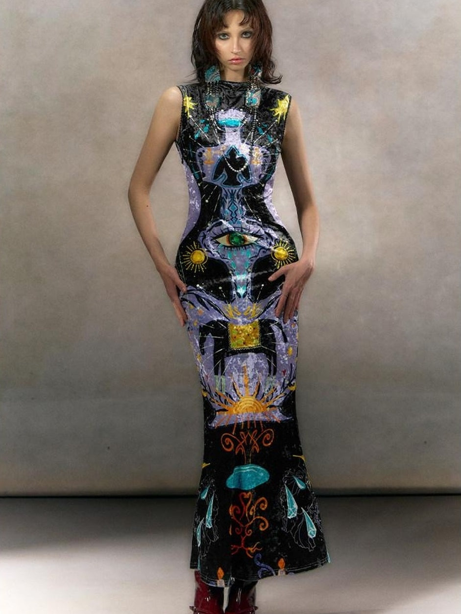 OfAkiva Minimalist Mystic Tarot Print High Waist A Line Sleeveless Women Maxi Dresses