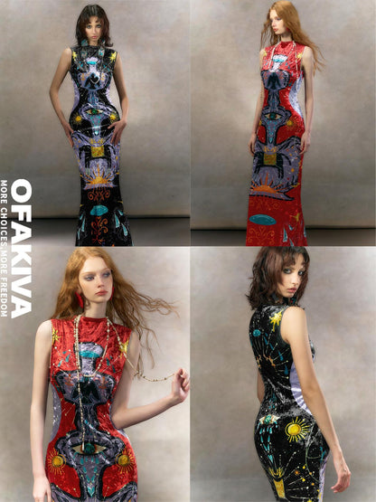 OfAkiva Minimalist Mystic Tarot Print High Waist A Line Sleeveless Women Maxi Dresses