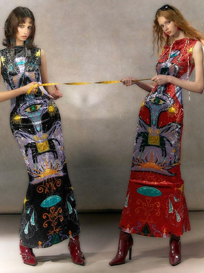 OfAkiva Minimalist Mystic Tarot Print High Waist A Line Sleeveless Women Maxi Dresses