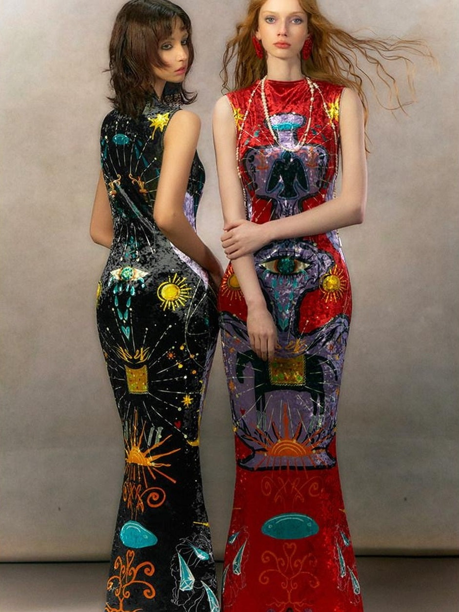 OfAkiva Minimalist Mystic Tarot Print High Waist A Line Sleeveless Women Maxi Dresses