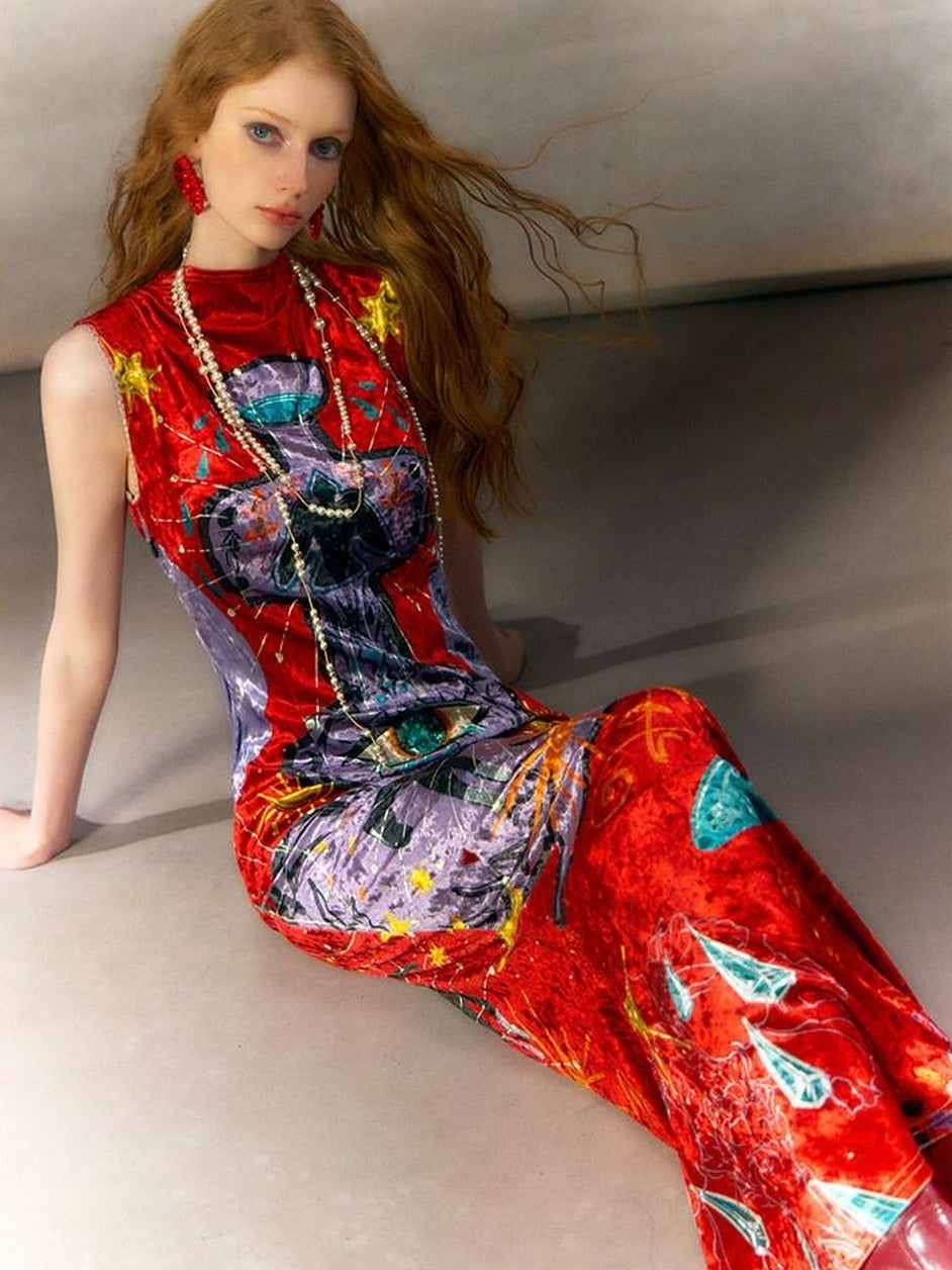 OfAkiva Minimalist Mystic Tarot Print High Waist A Line Sleeveless Women Maxi Dresses