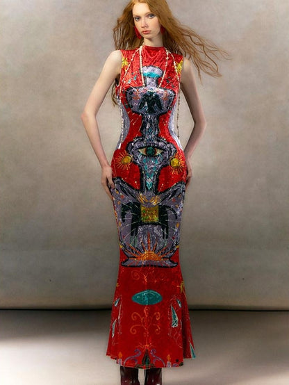 OfAkiva Minimalist Mystic Tarot Print High Waist A Line Sleeveless Women Maxi Dresses