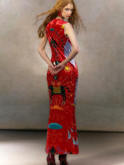 OfAkiva Minimalist Mystic Tarot Print High Waist A Line Sleeveless Women Maxi Dresses