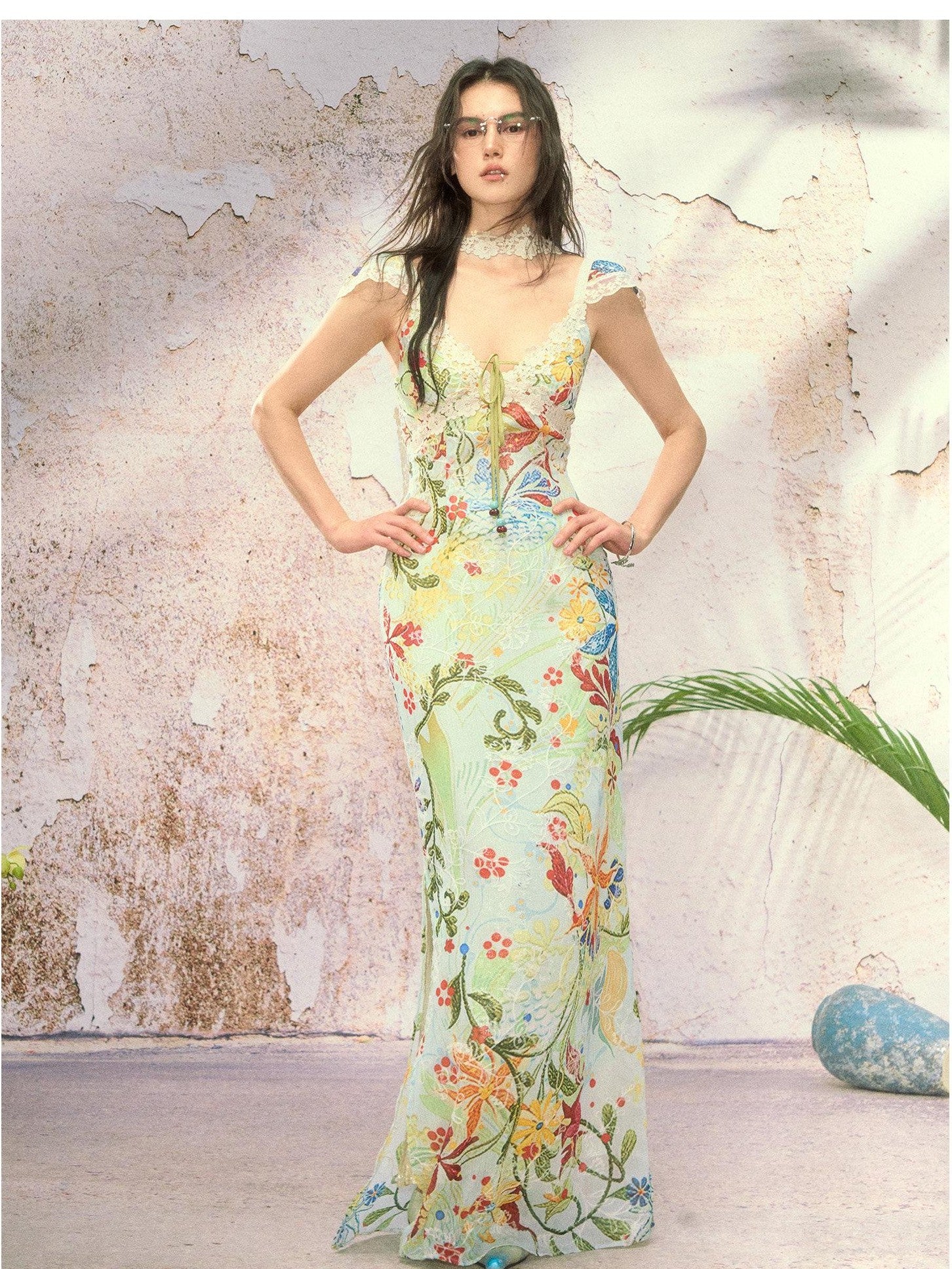 OfAkiva Mint Embroidered Floral Lace Splice V-neck Women&
