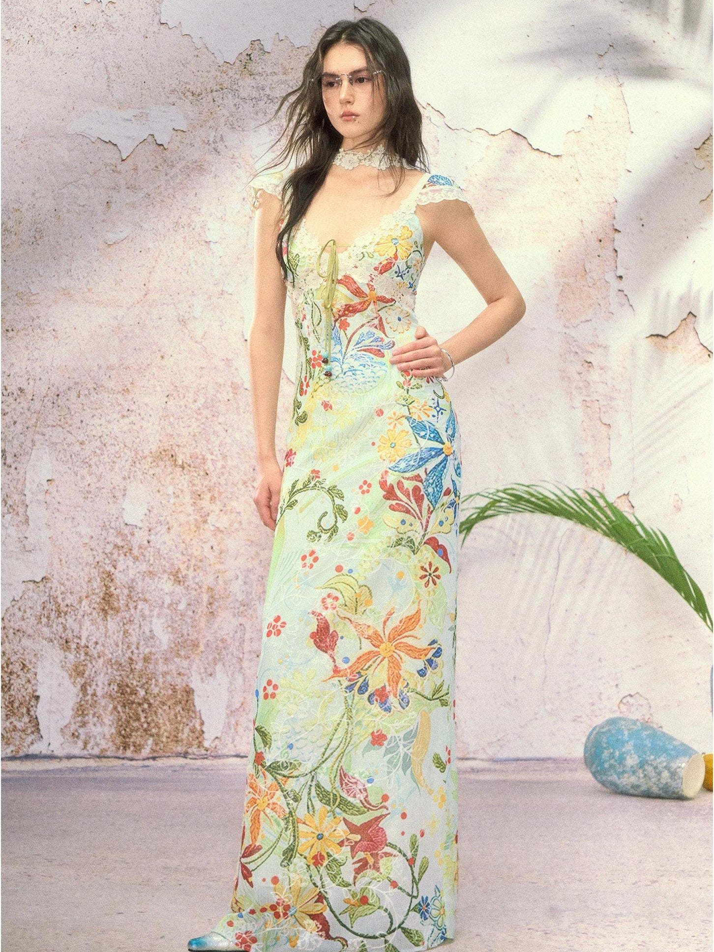 OfAkiva Mint Embroidered Floral Lace Splice V-neck Women&