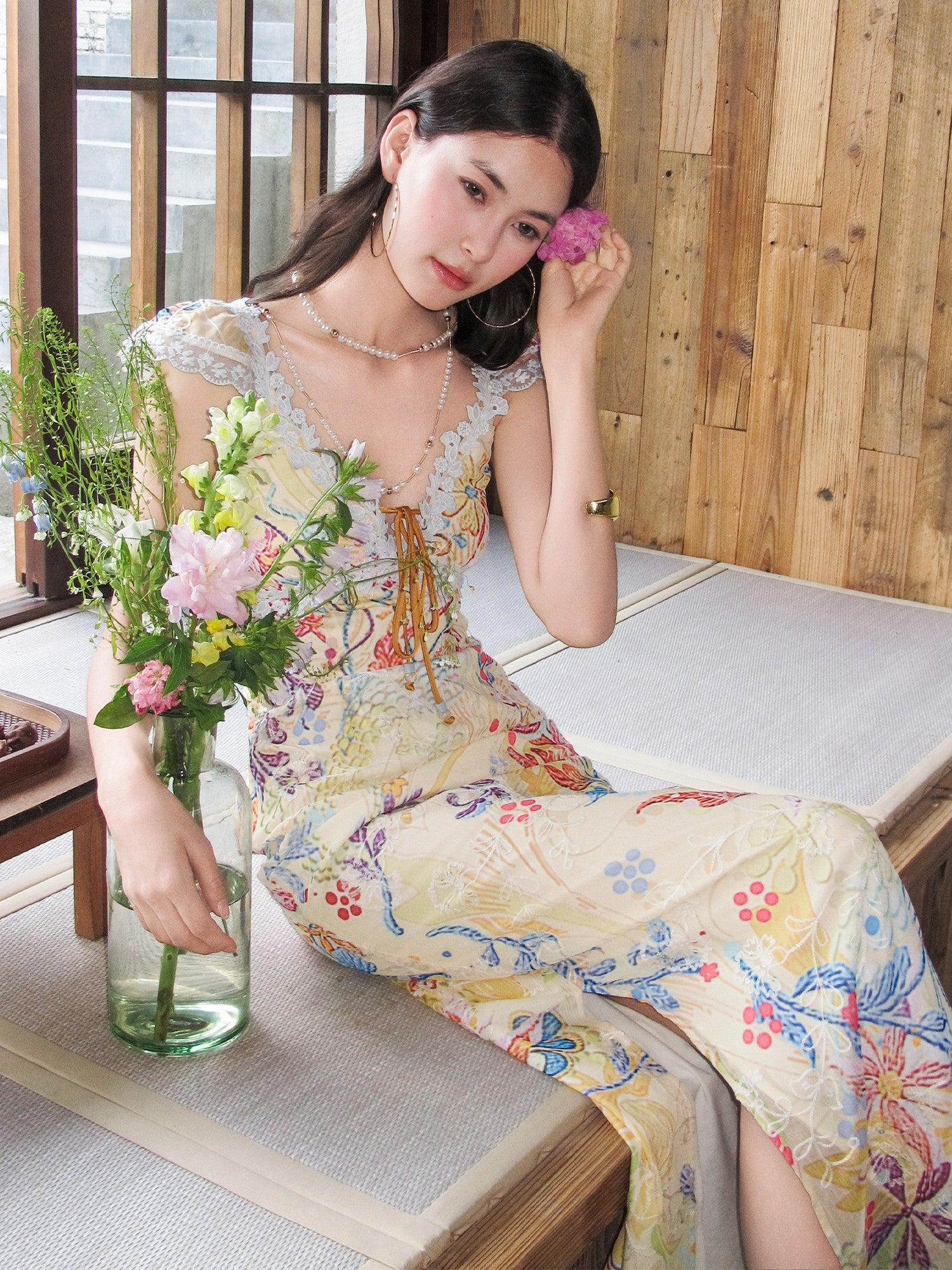 OfAkiva Mint Embroidered Floral Lace Splice V-neck Women&