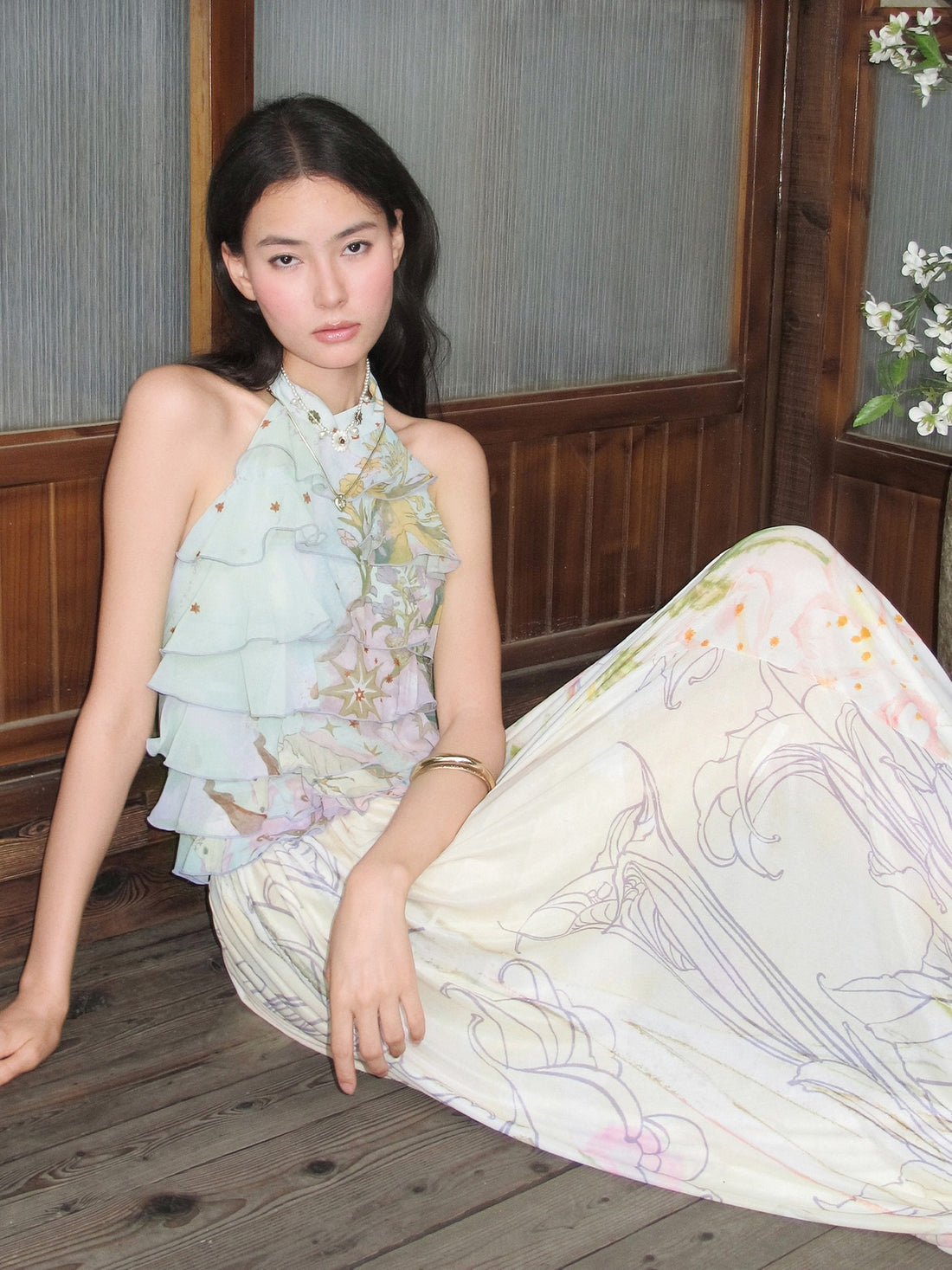 OfAkiva Mint Green Layered Ruffle Print French Women&
