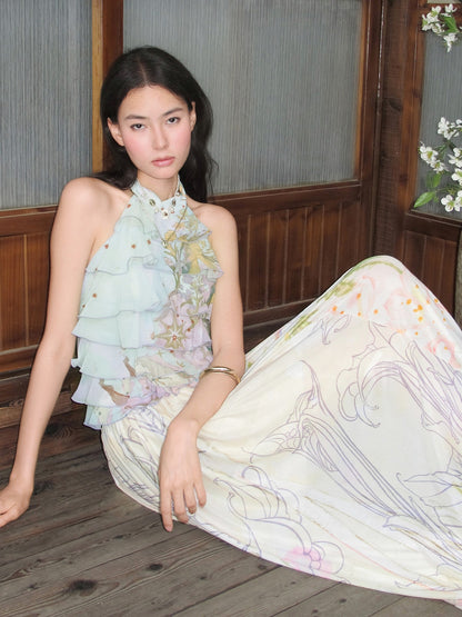 OfAkiva Mint Green Layered Ruffle Print French Women&