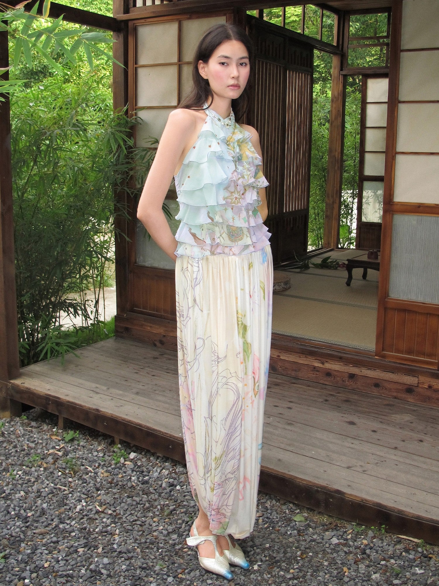 OfAkiva Mint Green Layered Ruffle Print French Women&