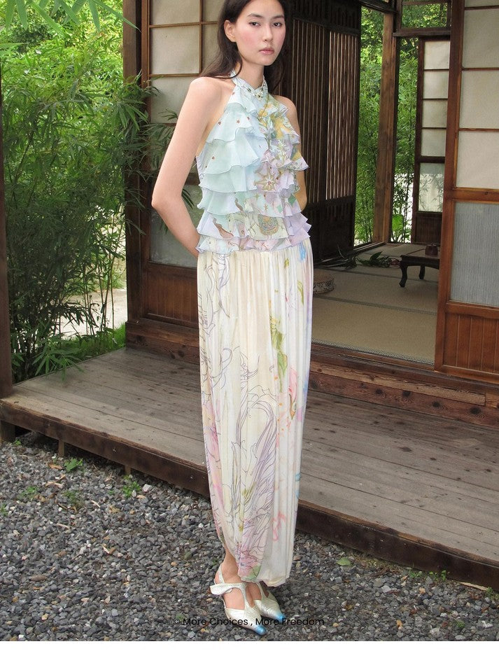 OfAkiva Mint Green Layered Ruffle Print French Women&