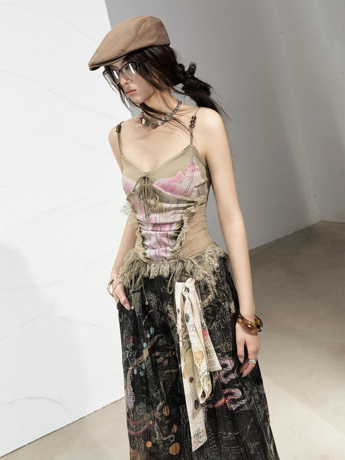 Mint Mambo Lace Trimmed Print Camisole With Beaded Details