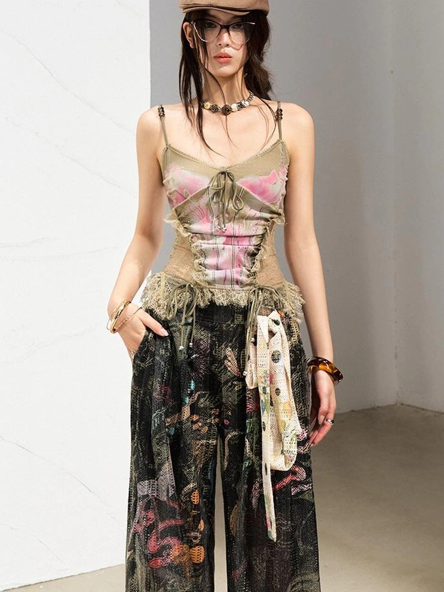 Mint Mambo Lace Trimmed Print Camisole With Beaded Details