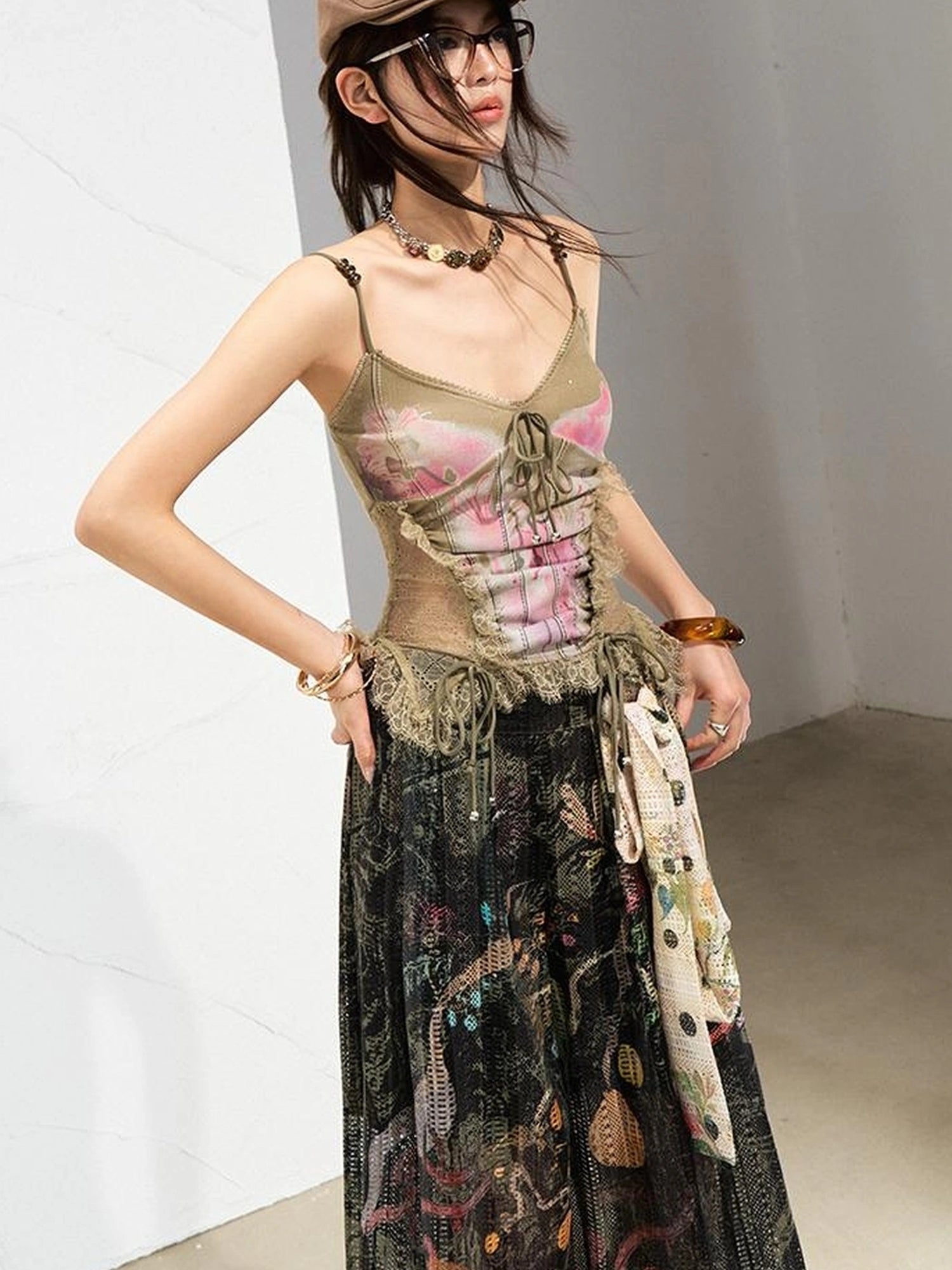 Mint Mambo Lace Trimmed Print Camisole With Beaded Details