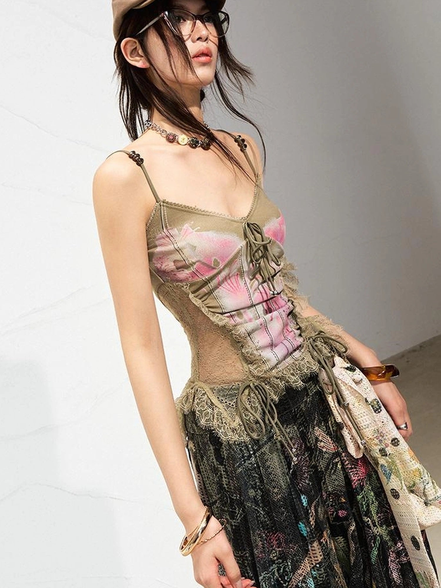 Mint Mambo Lace Trimmed Print Camisole With Beaded Details