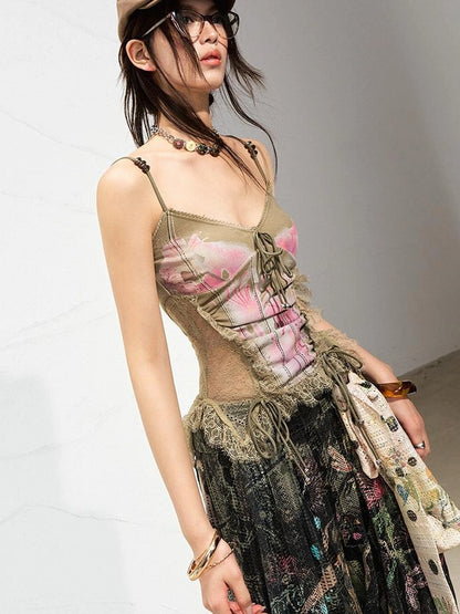 Mint Mambo Lace Trimmed Print Camisole With Beaded Details