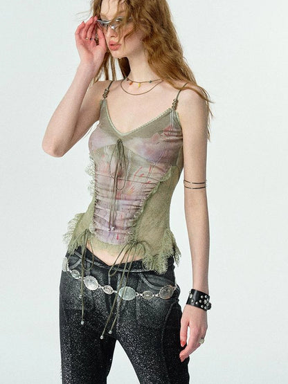 Mint Mambo Lace Trimmed Print Camisole With Beaded Details