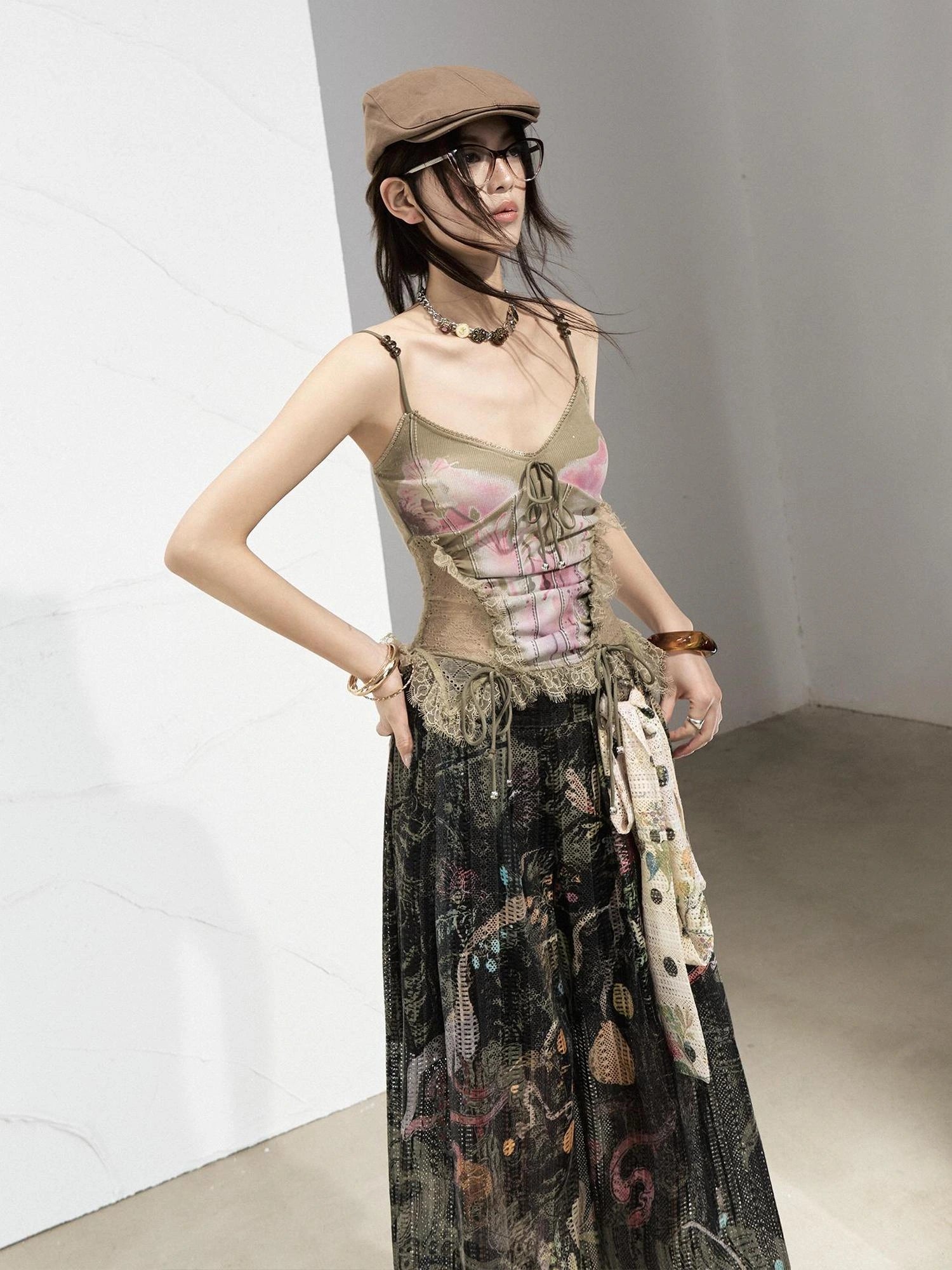 Mint Mambo Lace Trimmed Print Camisole With Beaded Details