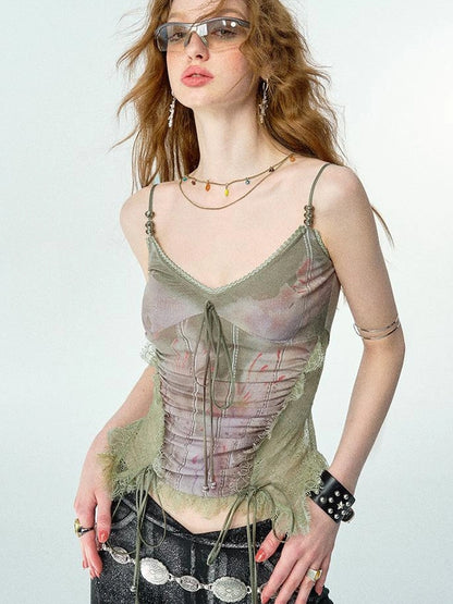 Mint Mambo Lace Trimmed Print Camisole With Beaded Details