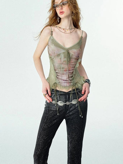 Mint Mambo Lace Trimmed Print Camisole With Beaded Details