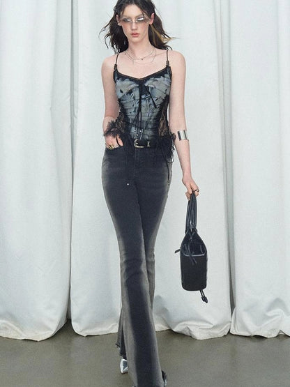 Mint Mambo Lace Trimmed Print Camisole With Beaded Details