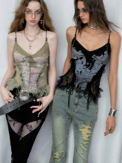 Mint Mambo Lace Trimmed Print Camisole With Beaded Details