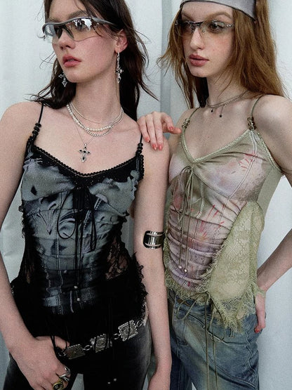 Mint Mambo Lace Trimmed Print Camisole With Beaded Details